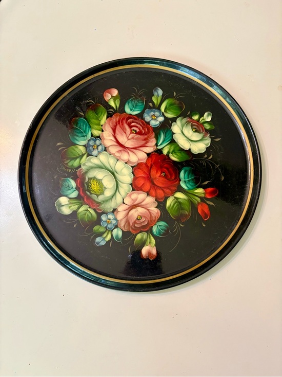 Other - VINTAGE Hand-Painted Floral Metal Tray - Black Background with Multicolor Roses